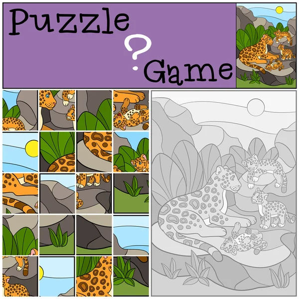 Juego de educación: Puzzle. Madre jaguar con sus pequeños cachorros lindos . — Vector de stock