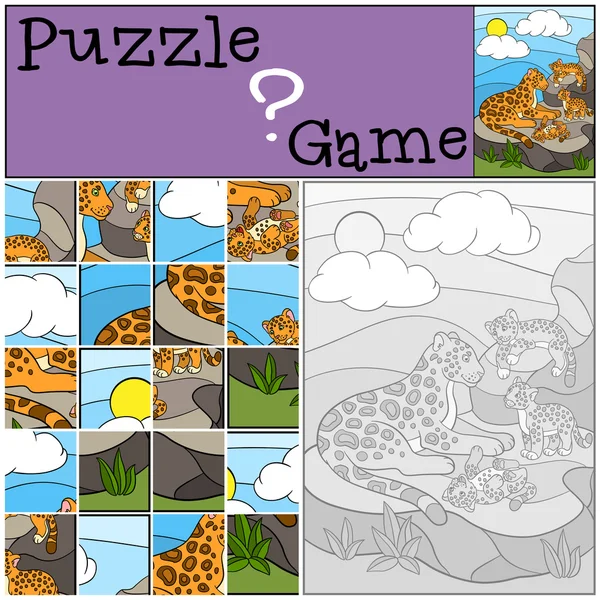 Vzdělávací hra: puzzle. Matka jaguára s roztomilým mláďaty. — Stockový vektor