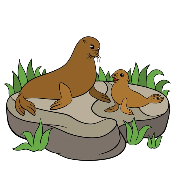 Мультяшные животные. Мать-тюлень со своим ребенком . — стоковый вектор