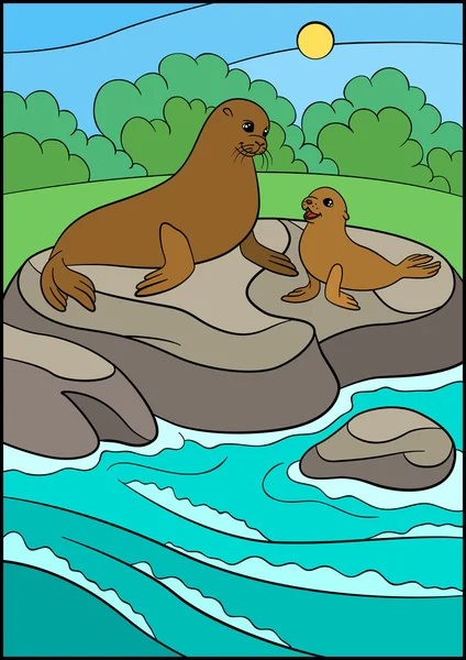 Мультяшные животные. Матушка-тюлень со своим маленьким милым ребенком . — стоковый вектор