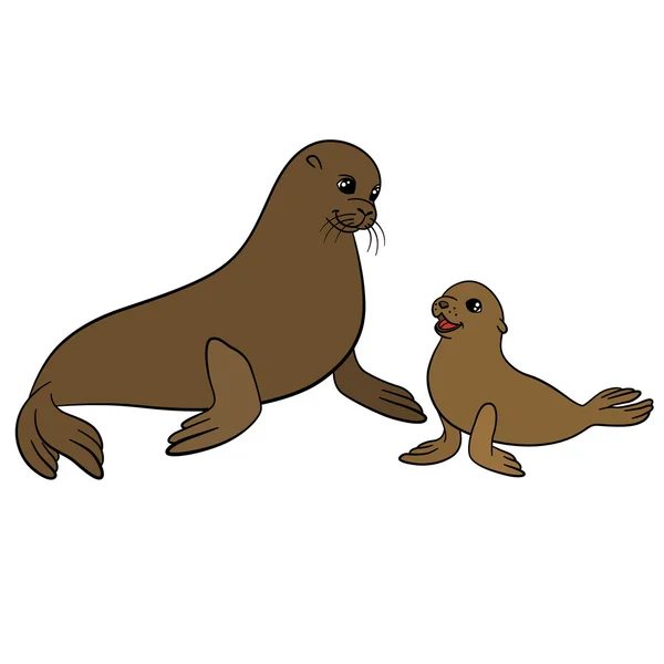 Cartoon animals. Mother fur seal with her baby. — Stock Vector