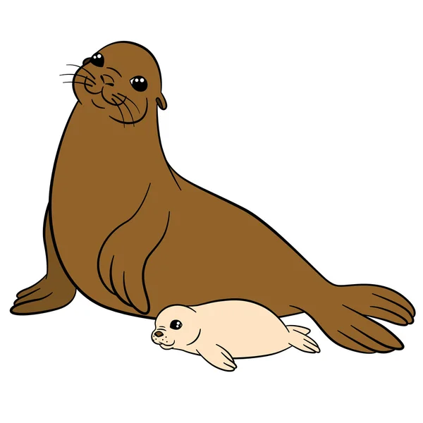 Cartoon animals. Mother fur seal with her cute white-coat baby. — Stock Vector