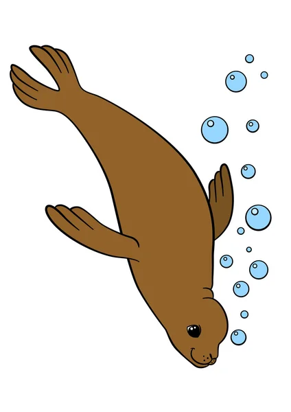Cartoon animals. Little cute brown fur seal swims. — Stock Vector