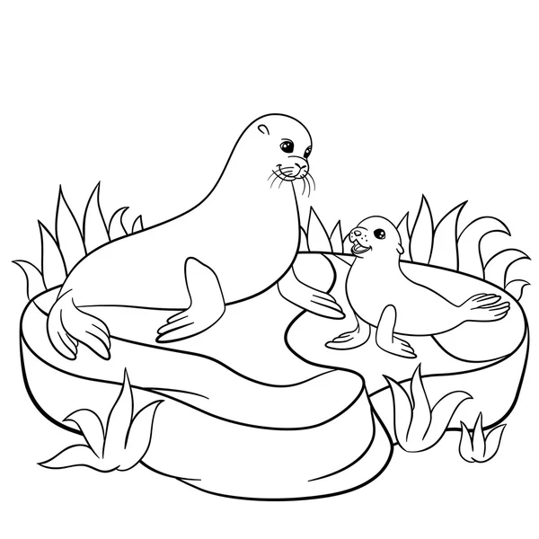 Coloring pages. Mother fur seal with her little cute baby. — Stock Vector