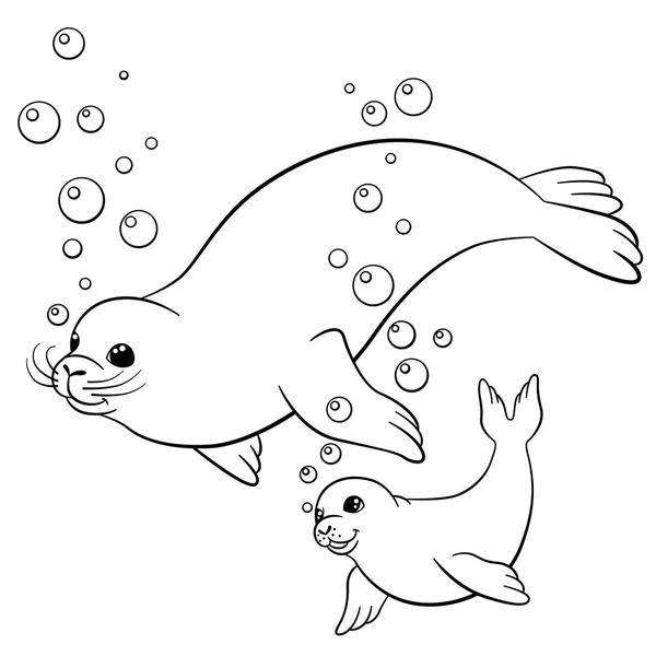 Coloring pages. Mother fur seal with her little cute baby. — Stock Vector