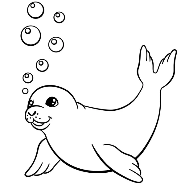 Coloring pages. Little cute baby seal swims. — Stock Vector