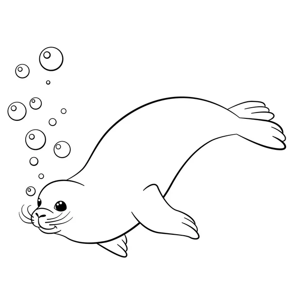 Coloring pages. Little cute seal swims. — Stock Vector