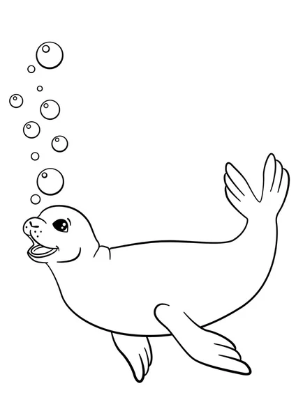 페이지를 착 색. 작은 귀여운 물개 수영. — 스톡 벡터