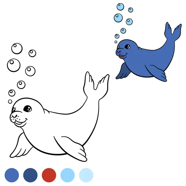 Malvorlage mit Farben. Kleine süße Robbenbabys schwimmen. — Stockvektor