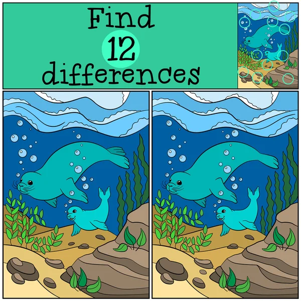 Educational game: Find differences. Mother fur seal with her baby. — Stock Vector
