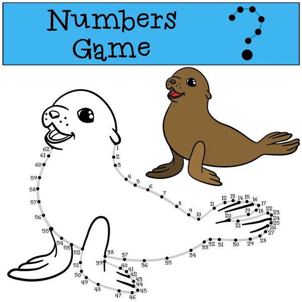 Educatief spel: Numbers spel met Contour. Kleine baby bont Seal. — Stockvector