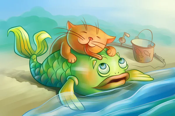 Rote Katze liebt Fische — Stockfoto