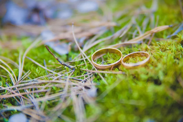 Dva snubní prsteny v infinity podepsat na dřevo. Pojetí lásky. — Stock fotografie