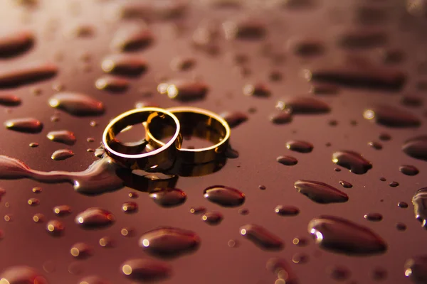 Snubní prsteny na pozadí kapky vody — Stock fotografie