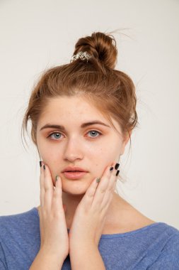 Beautiful young woman in fashion purple leather jacket . Isolated over white background