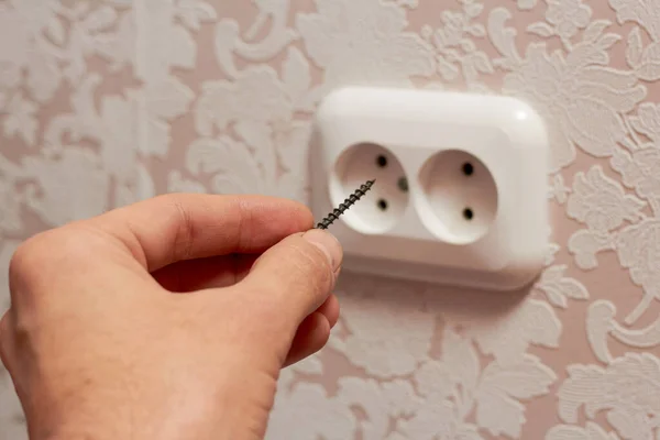 Dangerous Put Nail Electrical Outlet Life Threatening — Stock Photo, Image