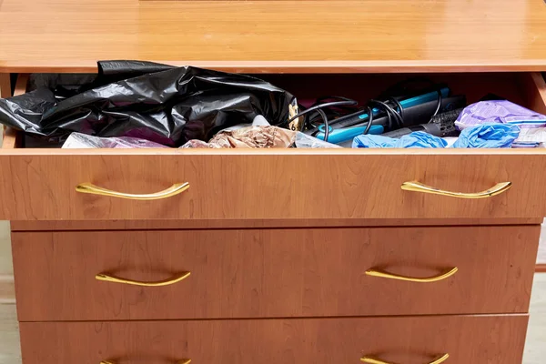 Dirty Brown Dresser Concept Clean Mess Organize Your Dresser Storage — Stock Photo, Image