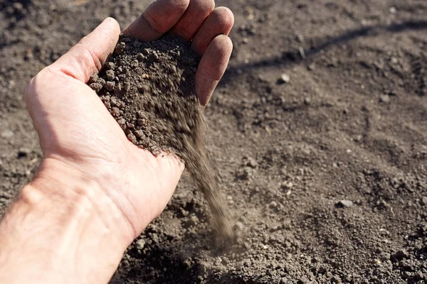 The man in the hand holds the earth a little crumbles, the idea of the photo the soil is our life.