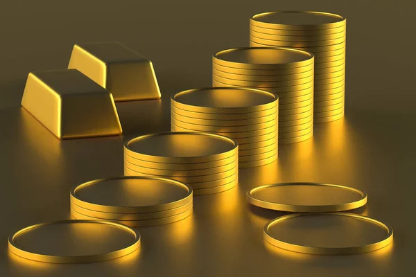 Stock Oro Rendering Composición Monedas Oro Barras Ilustración —  Fotos de Stock