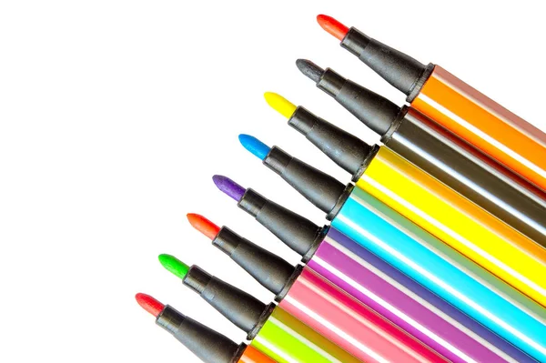 Разноцветные Маркеры Крупным Планом Изолировать Белой Верхней Части — стоковое фото