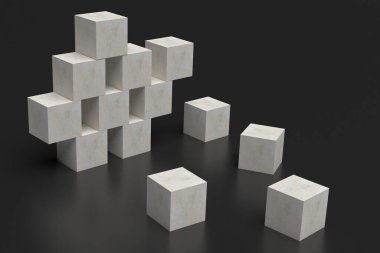 Dengesizliği simgeleyen küplerin soyut bir bileşimi. Resim tamamlanmamış 3d nesne oluşturma
