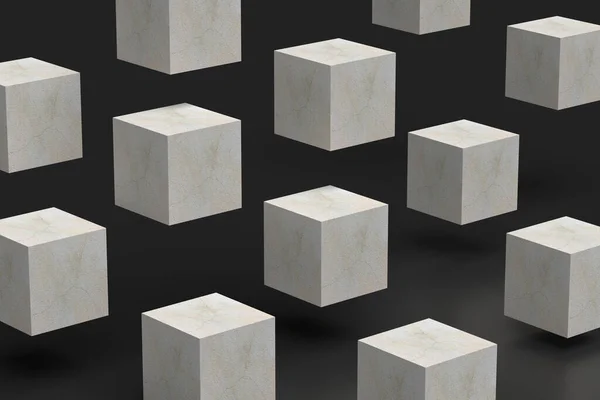 Cubos Abstracción Geométrica Gris Sobre Fondo Negro Volando Renderizado — Foto de Stock