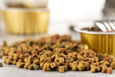 Islak ve kuru evcil hayvan maması. Kedi ya da köpek ezmesi eski masada. Üst görünüm