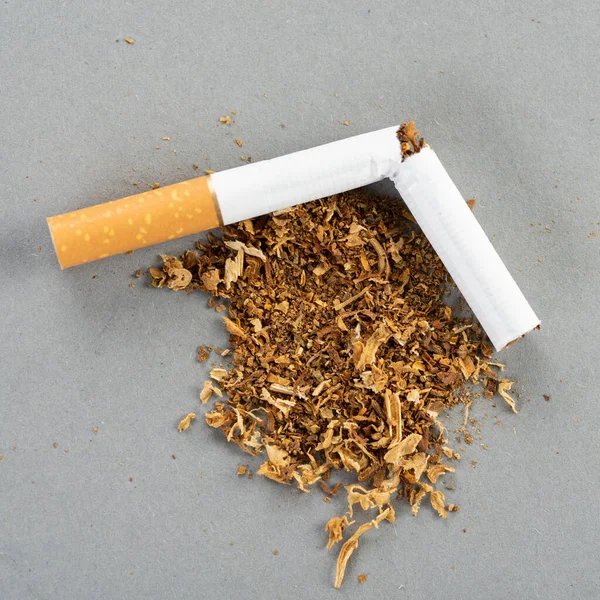 香烟与烟草碎了 烟草散落在灰色的桌子上 不吸烟和戒烟的概念 世界无烟日 — 图库照片
