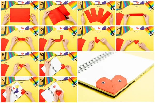 DIY instruction. Step by step guide. The process of making a bookmark for a book in the form of a heart for Valentine\'s Day.