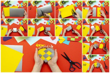 DIY talimatı. Adım adım yol göster. Sevgililer Günü için sarı ve gri renkli kağıtlardan kağıt kalp yapma süreci..