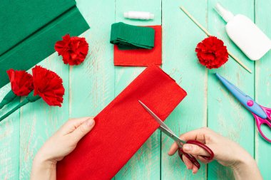 Evde karanfil çiçeği nasıl yapılır? Eller kırmızı karanfil yapar. Adım adım talimat veriyorum. DIY Çocuk Sanat Projesi.