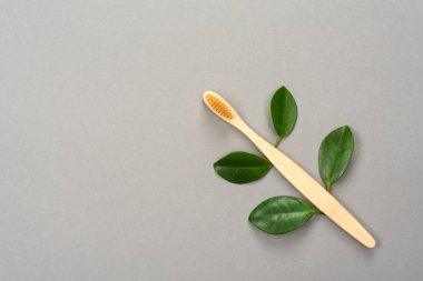 Natural eco friendly bamboo toothbrush with green tree leaves on a gray background. Choose a wooden toothbrush. Recycling concept, no waste, no plastic, top view.