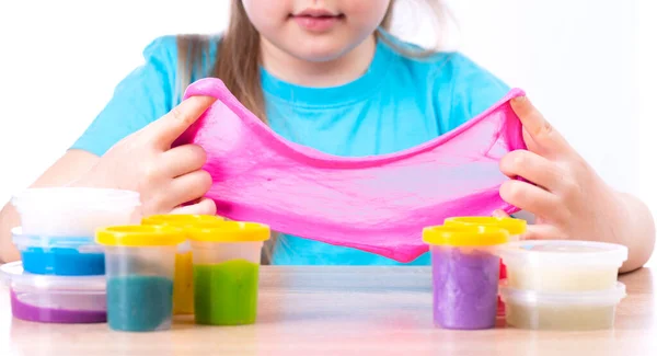 Blonde Child Playing Slime Little Beautiful Caucasian Girl Playing Many Stock Picture