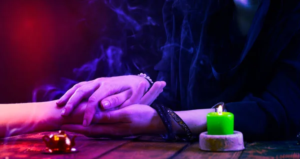 Witch Fortune Teller Who Holds Her Hand Session Neon Light — Stock Photo, Image