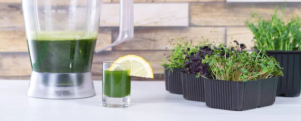 Jugo microverde en la mesa de la cocina. Micro greens en una licuadora. Haz un batido microverde en casa. Alimento sano y ecológico — Foto de Stock