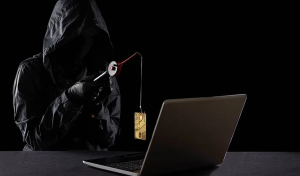 컴퓨터 기술을 이용하는 인터넷 인터넷 신용카드 낚싯대로 카드를 훔쳤다 — 스톡 사진