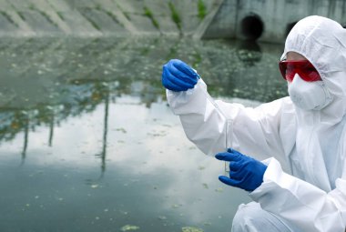 Açık denizden örnek alıyorum. Bir bilim adamı ya da biyolog su örneği alır. Kimyasal test tüpünde pipetli su örneği..