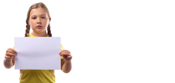 Cute Sad Girl Blond Hair Braided Two Pigtails Holding White — Stock Photo, Image