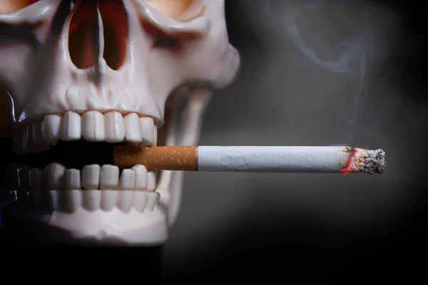 人类的骷髅在黑色的背景上吸烟 牙齿内燃烧香烟的塑料人体骷髅模型 — 图库照片