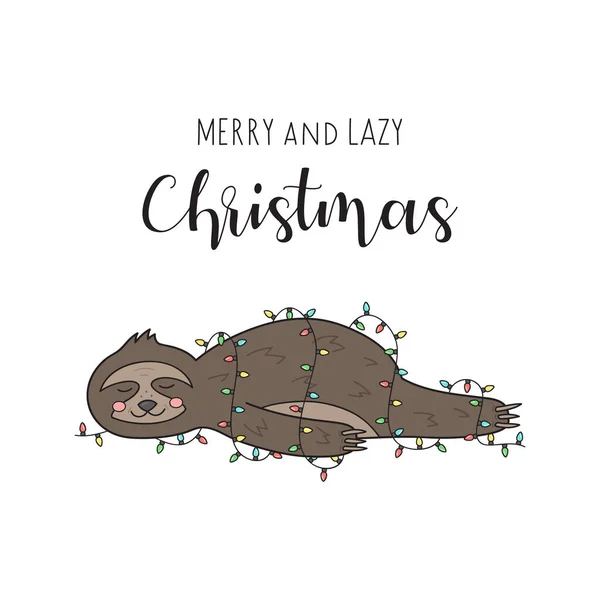 Mutlu ve tembel Noel tembelliği vektör çizimi. Noel ışıklarına sarılmış şirin bir el tembelliği. Ayrı bir çizgi film tebrik kartı..