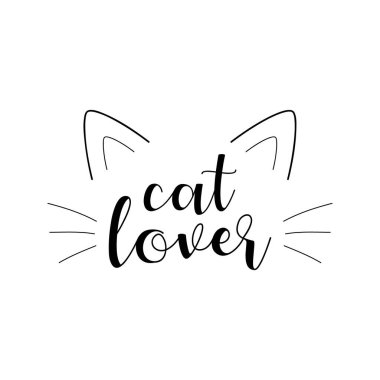 Kedi sever şirin vektör çizimi. Kedi kulakları ve bıyıklarıyla yazıyor. Siyah çizim, izole edilmiş..