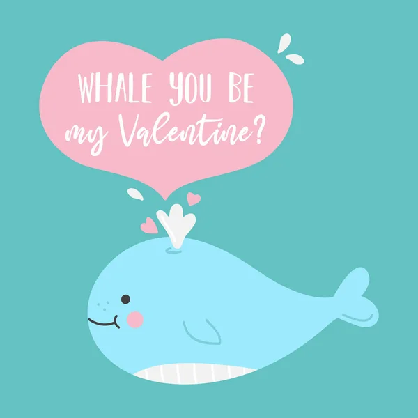 クジラあなたは私のバレンタインベクトルイラストです かわいいクジラバレンタインデーカードのデザイン 心としゃれ書きと青いクジラの描画 — ストックベクタ