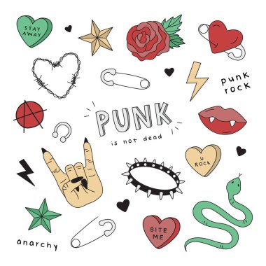 Punk rock vektör çizimleri. El çizimi şirin, punk, rock, havalı çıkartma çizimleri. İzole edilmiş.