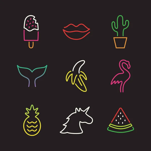 Neon Objekte Vektor Illustration Set Einfaches Essen Tier Und Objektsymbole — Stockvektor