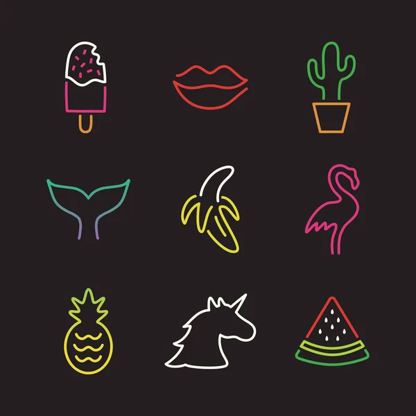 Objetos Neón Vector Conjunto Ilustración Iconos Simples Comida Animales Objetos — Archivo Imágenes Vectoriales