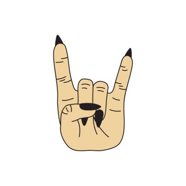 Kaya hareketi vektör illüstrasyonu. Eli sivri siyah tırnaklı rock n roll, rock, metal punk sembolü gösteriyor. İzole edilmiş.