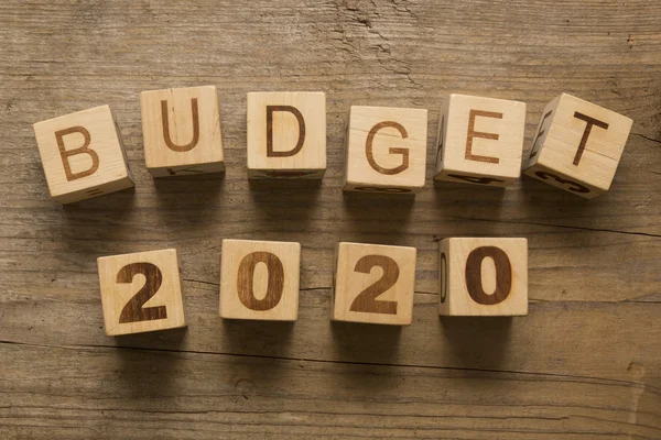 Budget 2020 en bois, blocs sur fond bois — Photo