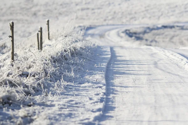 Snowy winter road at sunrise — Stock Photo, Image