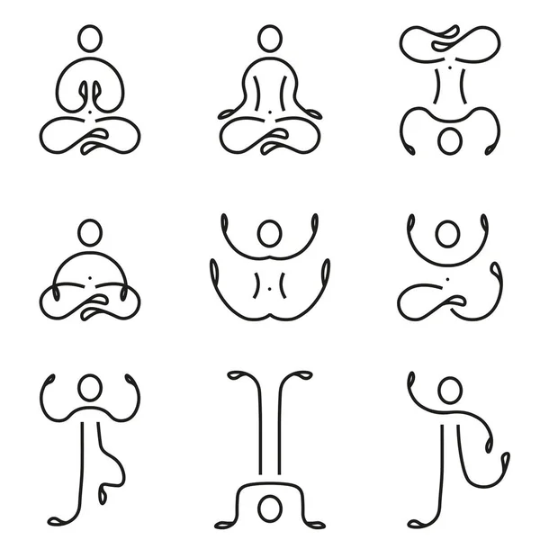 Yoga poz verdirme seti. Yoga pozisyonunda stilize edilmiş insan. Qigong çalışan bir adamın silueti. Yoga pozlarında oturan dokuz ikon erkek. Farklı yoga pozisyonları. Vektör illüstrasyonu
