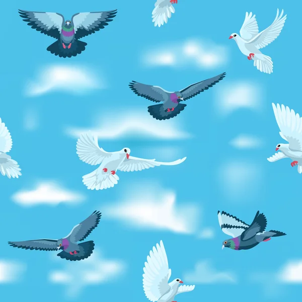 Pigeons and white doves in the sky as seamless pattern — Stock Vector